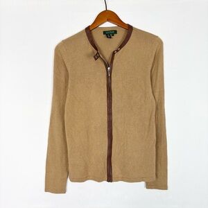 Ralph Lauren Womens Silk Cashmere Zip Brown Leather Sweater Size M